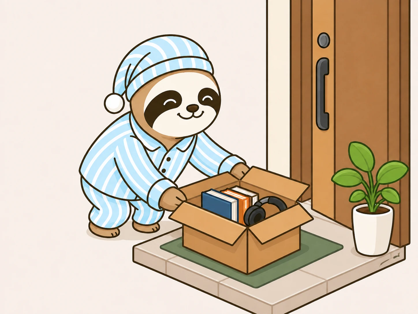 パジャマ姿のナマケルくんが玄関先に商品を置くイラスト