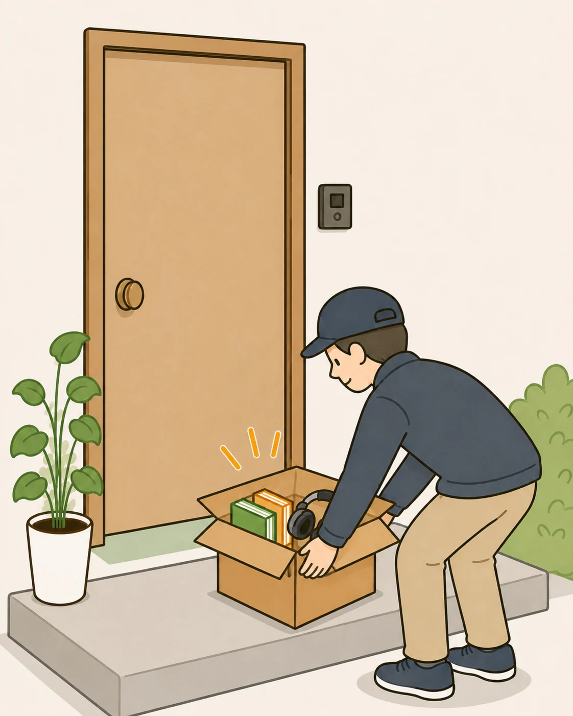 玄関先に商品を置くナマケルくん