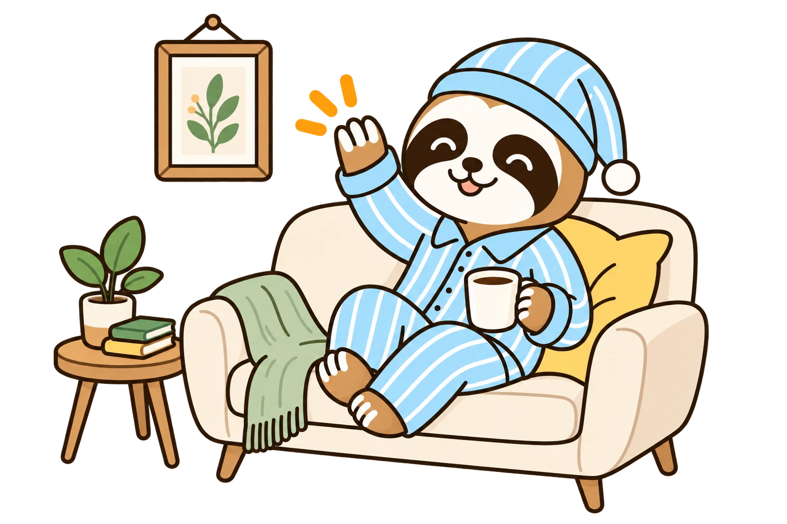 ソファから手を振るナマケルくん