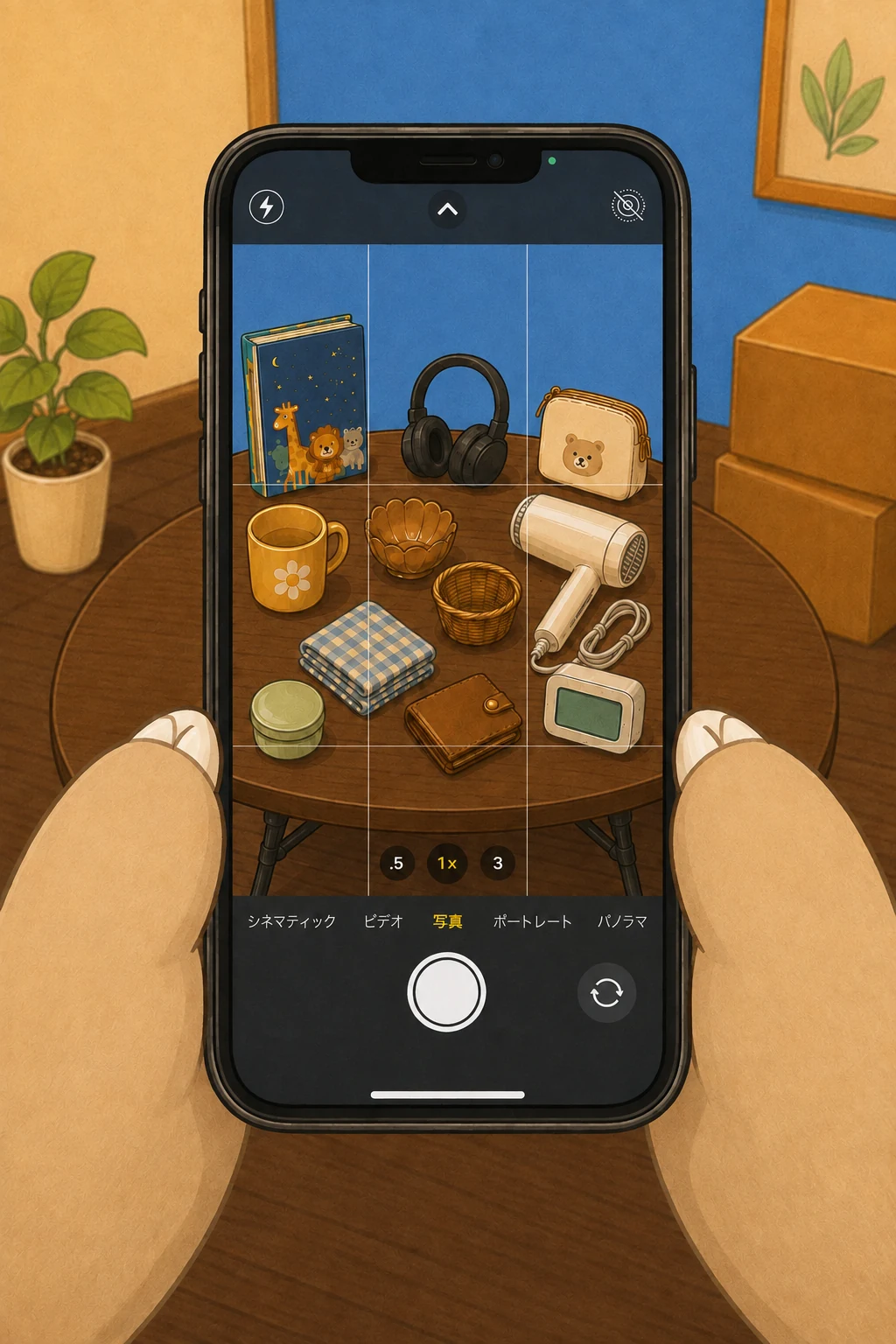 スマホで売りたいものをまとめて撮影するイメージ