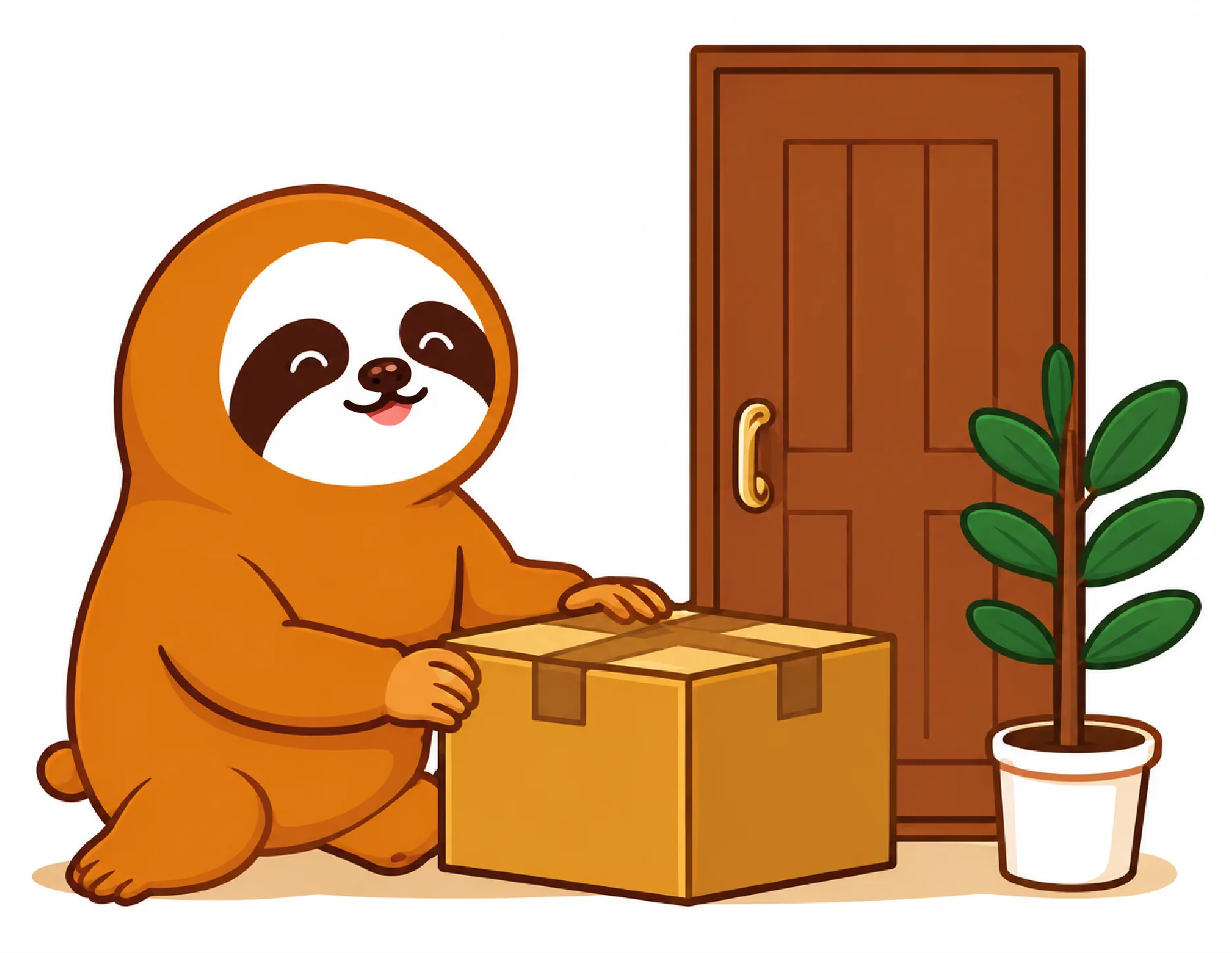 パジャマ姿のナマケルくんが玄関先に商品を置くイラスト